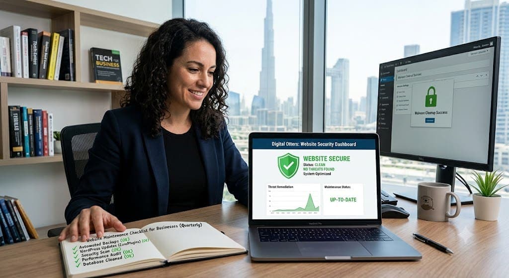 A business owner reviewing a clean website security dashboard and an optimized website maintenance checklist to prevent malware attacks.